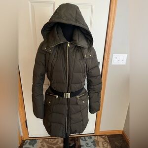 Women’s Cole Haan olive green down hooded belted long parka jacket. Size medium